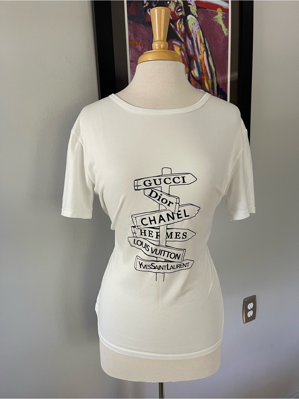 Women's White Short Sleeve Graphic Tee with Designer Signpost Print